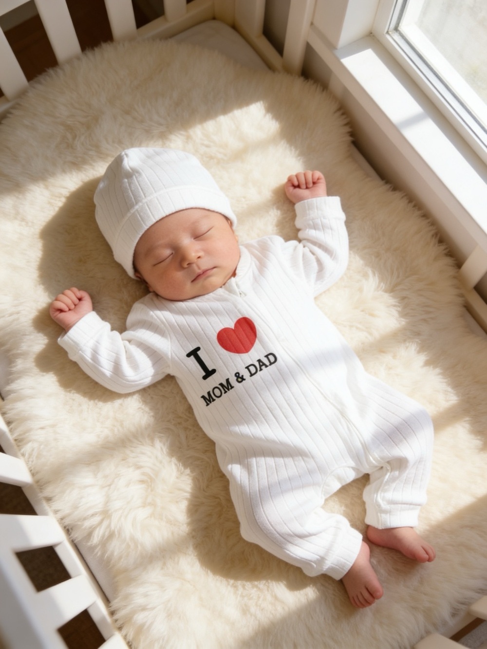 Neutral Organic Cotton Super Soft Baby Romper & Hat set I love mom & dad